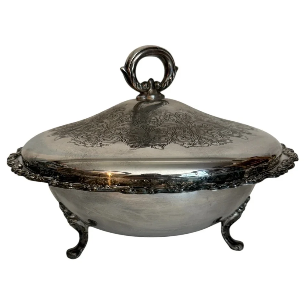 1960s Oneida Silverplate Serving Dish Silver Floral Etched Footed Covered VTG